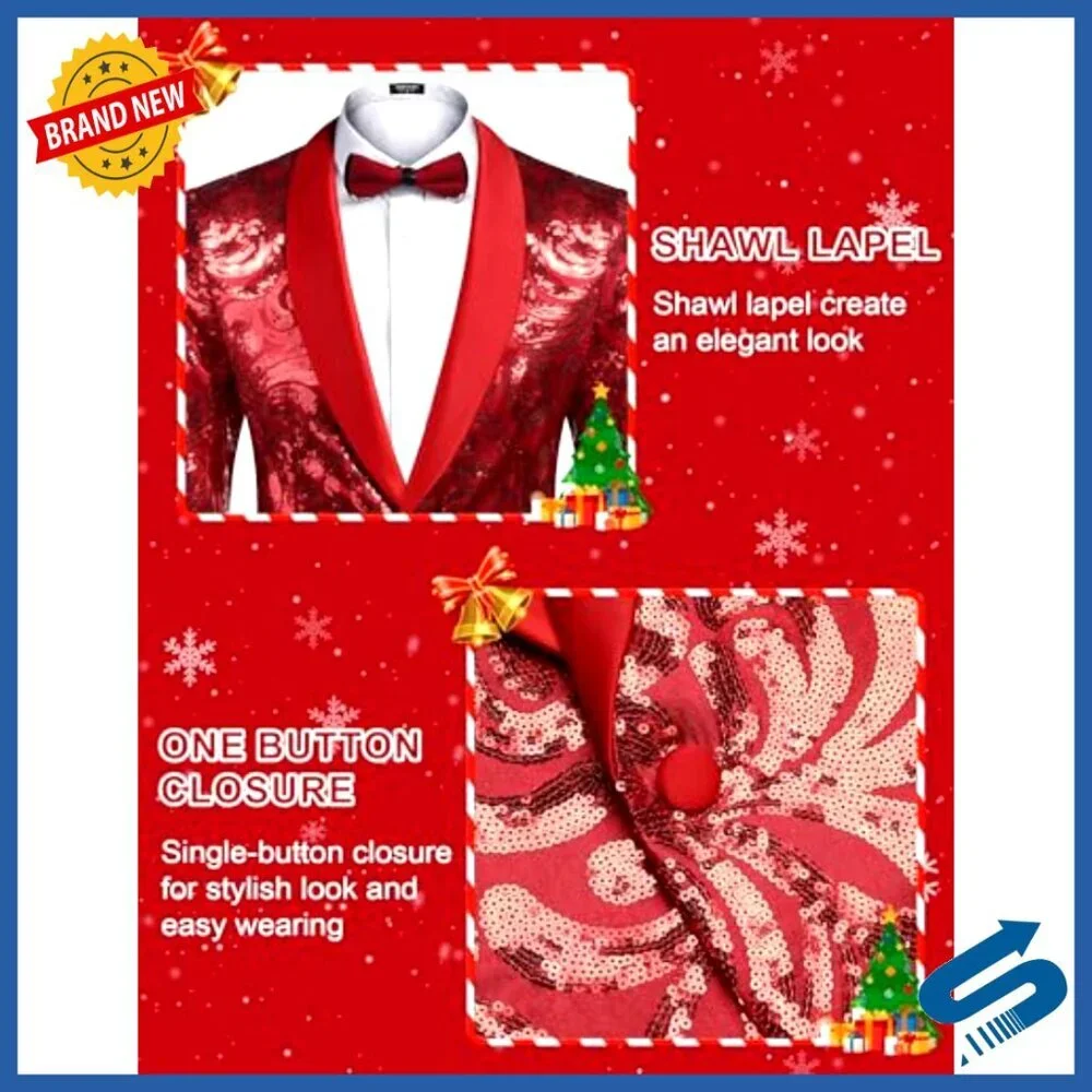 Men's Sequin Blazer Sparkly Glitter Jacket Shawl Collar Formal Party Wear